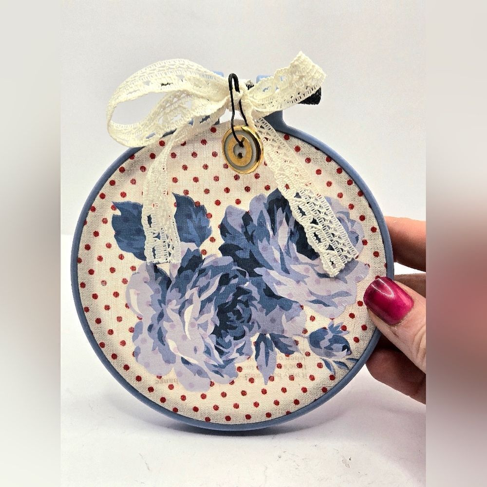 "5/$40" Small Handmade Embroidery Hoop Red Floral White & Blue Wall Hanging Art